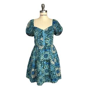 House of Harlow 1960 Linen Blend Puff-Sleeve Blue floral Mini Dress Size M